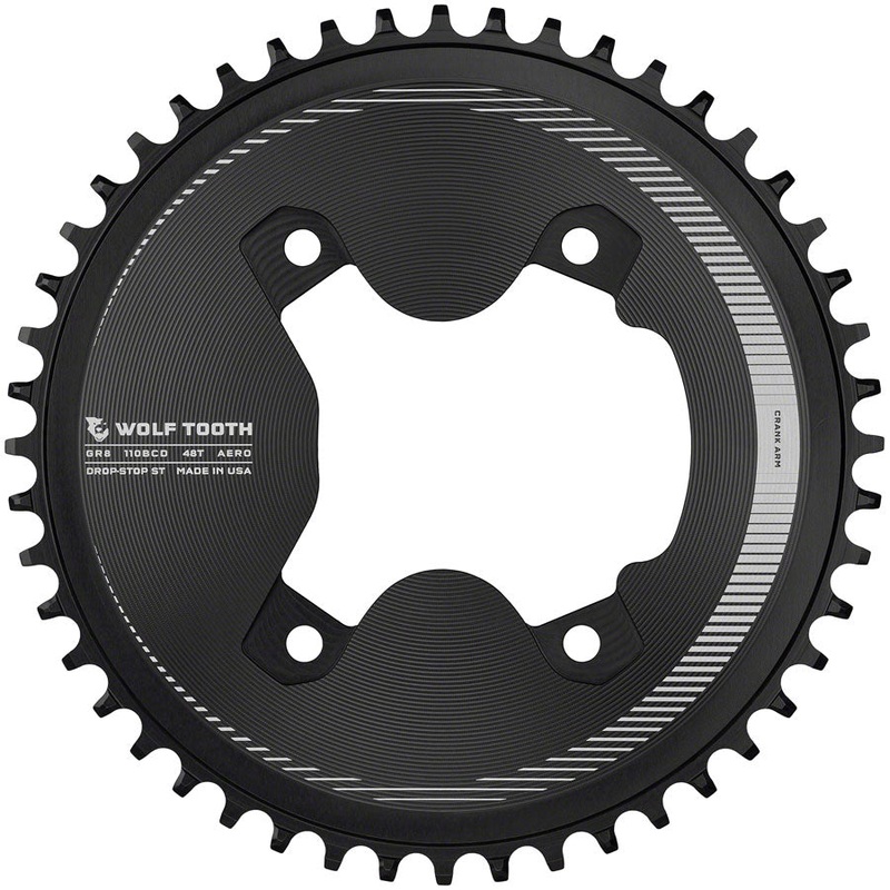 Wolf Tooth Aero 110 Asymmetric BCD Chainring – 46t 110 Asymmetric BCD 4-Bolt Drop-Stop ST For Shimano GRX 800 Series BLK