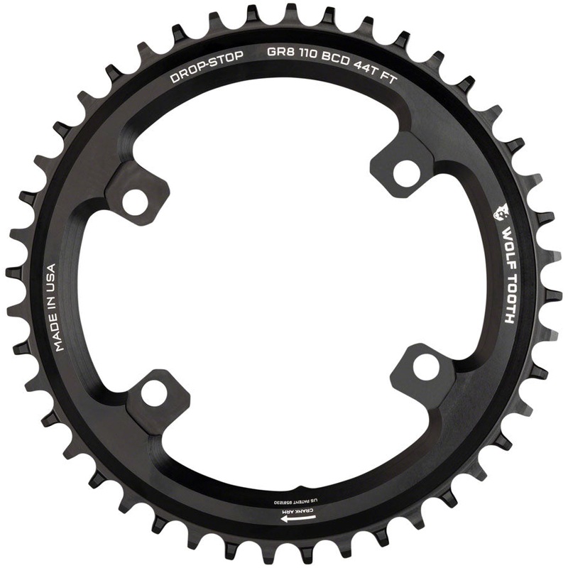 Wolf Tooth Shimano 110 Asymmetric BCD Chainring – 38t 110 Asymmetric BCD 4-Bolt Drop-Stop Flattop For Shimano GRX Cranks BLK