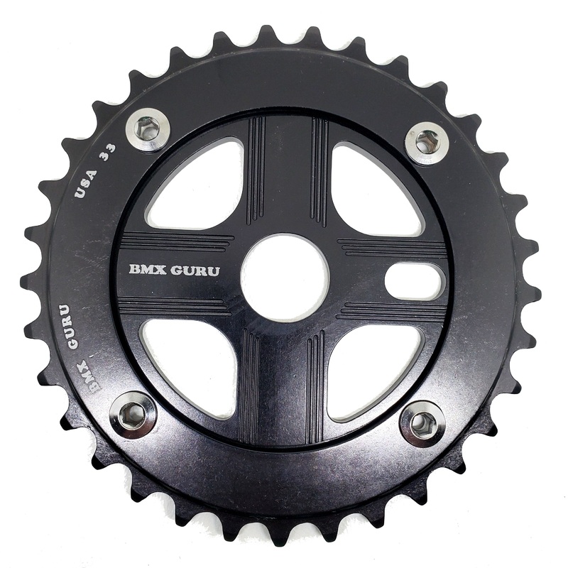 BMXGuru 33T Aluminum Spider & 4-bolt Chainring Combo – Black over Black – USA Made