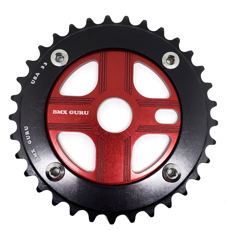 BMXGuru 33T Aluminum Spider & 4-bolt Chainring Combo – Black over Red – USA Made