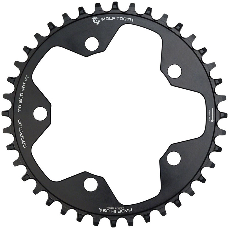 Wolf Tooth 110 BCD Cyclocross Road Chainring – 40t 110 BCD 5-Bolt Drop-Stop 10/11/12-Speed Eagle Flattop Compatible BLK