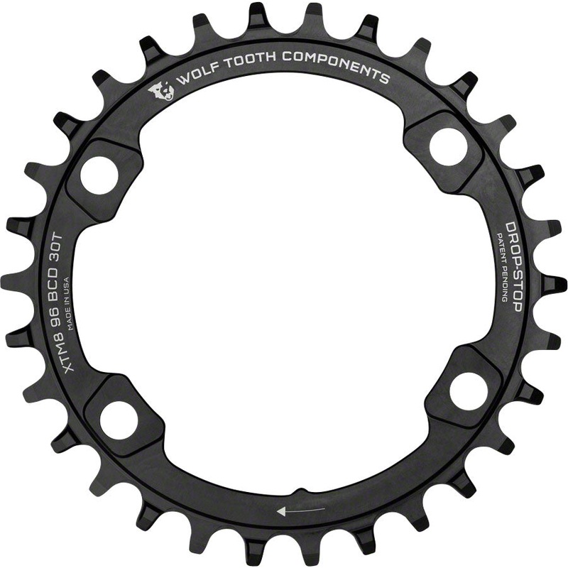Wolf Tooth 96 BCD Chainring – 34t 96 Asymmetric BCD 4-Bolt Drop-Stop For Shimano XT M8000 SLX M7000 Cranks BLK