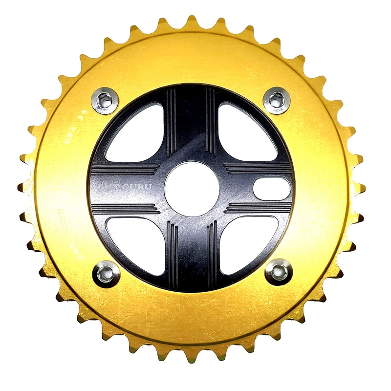 BMXGuru 36T Aluminum Spider & 4-bolt Chainring Combo – Gold over Black – USA Made