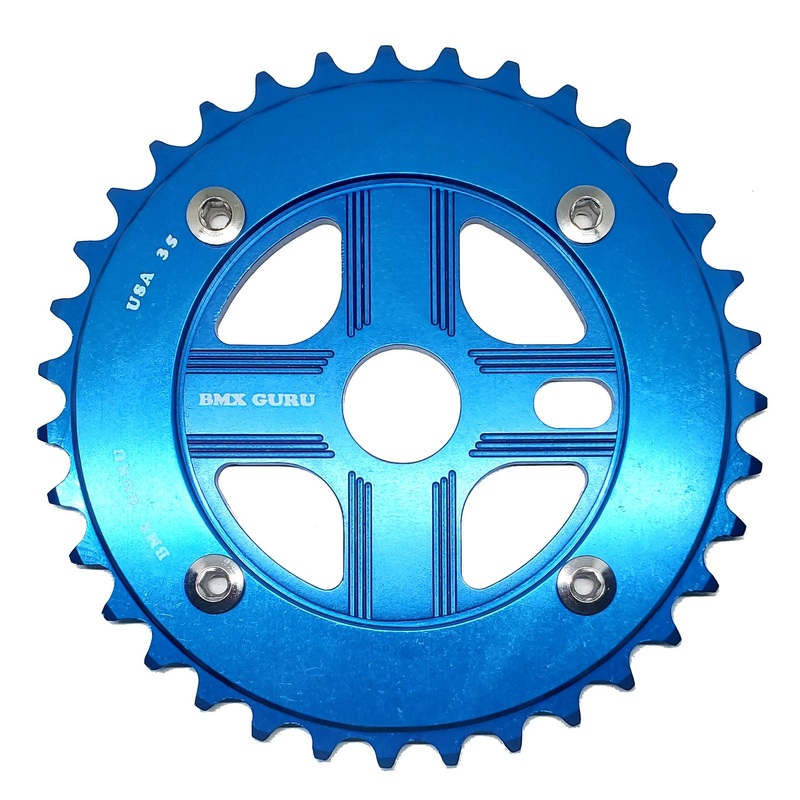 BMXGuru 35T Aluminum Spider & 4-bolt Chainring Combo – Blue over Blue – USA Made