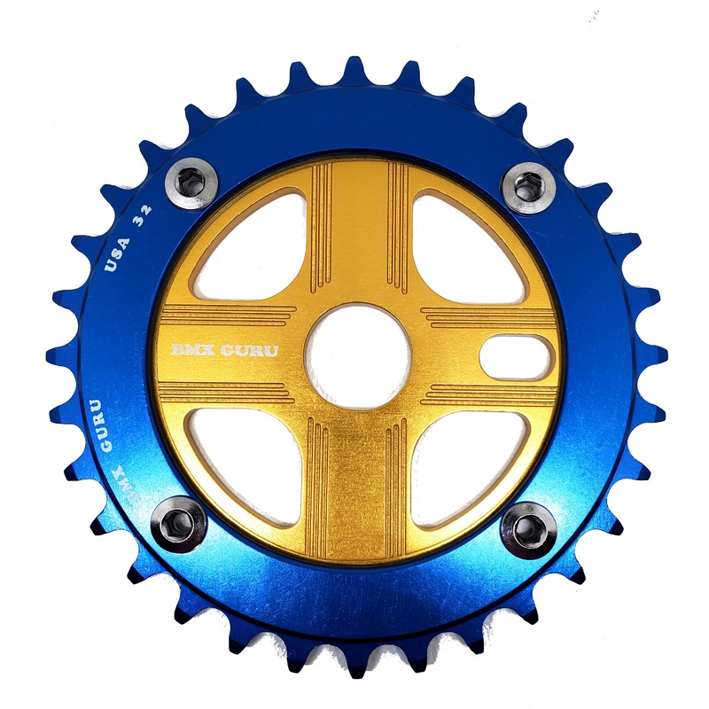 BMXGuru 32T Aluminum Spider & 4-bolt Chainring Combo – Blue over Gold – USA Made