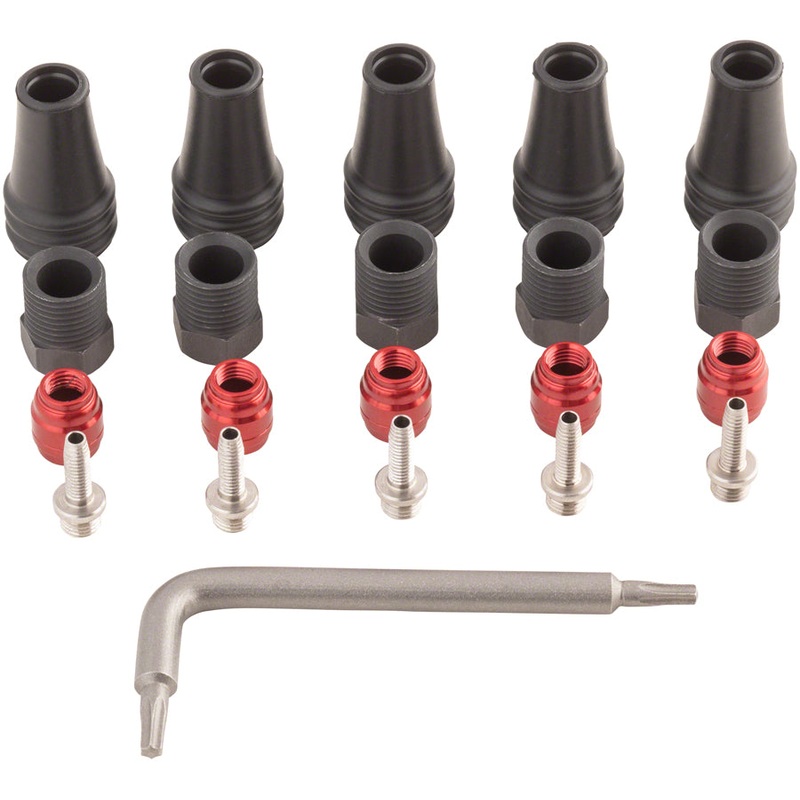 SRAM Red/Force AXS 2-Pc Disc Brake Hose Fitting Kit – 5 Threaded Hose Barbs, 5 Compression Nuts, 5 Boots, Red Comp