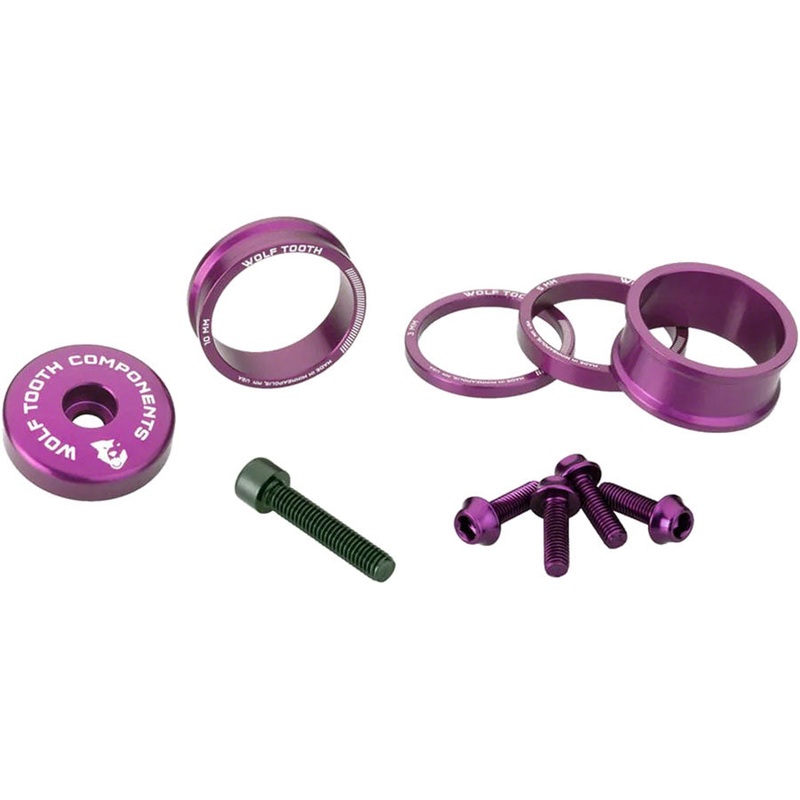 Wolf Tooth Headset BlingKit – 3, 5, 10, 15mm Spacers, Top cap with Integrated 5mm Spacer, Ultraviolet Purple