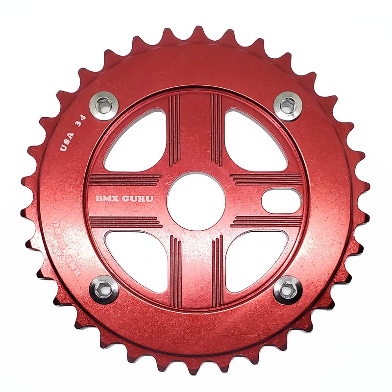BMXGuru 34T Aluminum Spider & 4-bolt Chainring Combo – Red over Red – USA Made