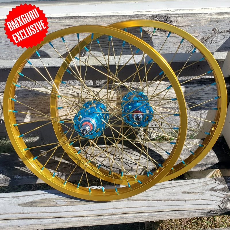 20″ 7X style Sealed Road Flange BMX Wheels – Pair – Gold/Blue Anodized